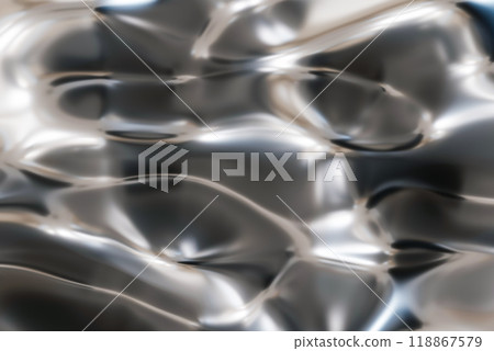 Futuristic abstract chrome background. Tech style fluid metallic surface. Flowing silver. Ideal for use in high-end design projects, as striking background for promotional materials. Y2k, 2000s. 3D. 118867579