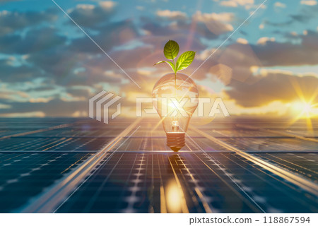 Light bulb with glowing filament and green plant on solar panel. Renewable energy cost effective concept. 118867594