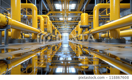 Yellow pipeline and machinery in industrial factory with reflections on the wet floor. 118867608