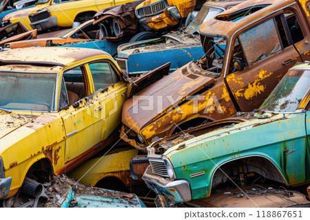Old damaged cars on the junkyard waiting for recycling. Old damaged cars on the junkyard waiting for recycling. 118867651