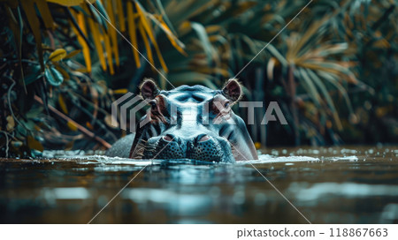 Wild Hippo in African river water. 118867663