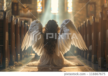 A rear view of beautiful Angel with large white wings is on her knees in a church. 118867675