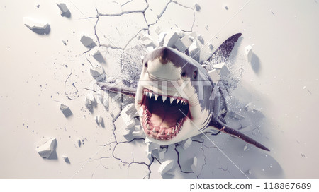 An angry shark breaking out of the background or wall. 118867689