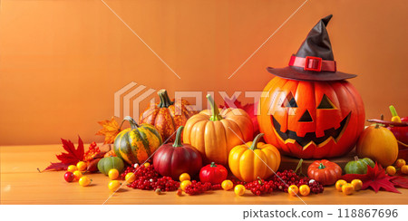 Halloween event orange background with charming upscale pumpkins. Illustration for banners, posters, greetings. 118867696