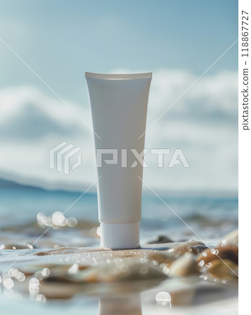 White cosmetic tube standing on the sand in front of the sea 118867727