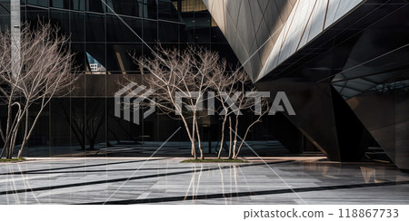 Leafless trees standing in front of modern office building 118867733