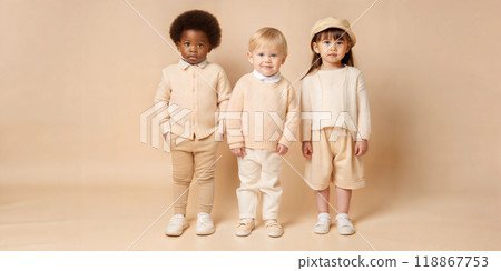 Studio portrait of stylish multiethnic children. Children's casual fashion style concept. Banner. Clothing advertising 118867753