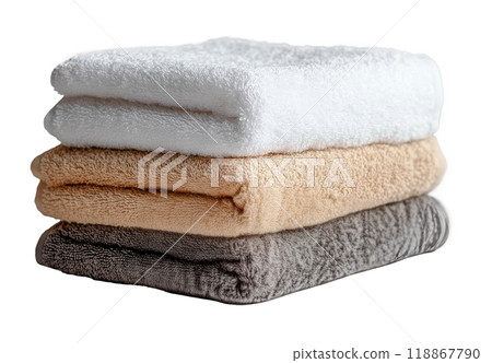 Stack of freshly rolled towels in vibrant colors displayed on a clean white background 118867790