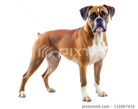 Boxer dog standing and looking at camera, isolated on a white background. 118867816
