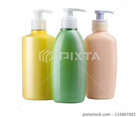 Colored plastic bottles with liquid soap, shampoo or shower gel isolated on white background. 118867891