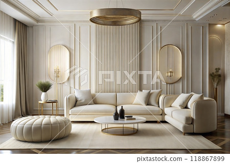 Luxury stylish bright light modern interior of living room. White walls decorated by ornament. Nobody inside room.  118867899