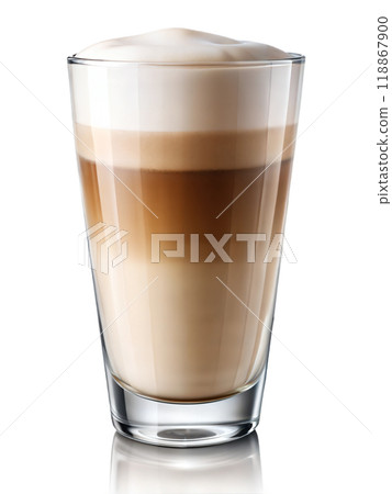 Hot layered latte coffee on glass isolated white background, cappuccino coffee in glass 118867900
