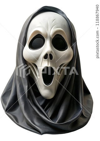 Halloween spooky mask. Halloween dead or ghost mask, creepy scull mask isolated on white background 118867940