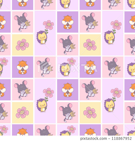 Seamless square geometric pattern with cute hamster chinchilla, and hedgehog. Funny cartoon rodent character with seed, spikelets and flower on bright checkered background. Vector illustration 118867952