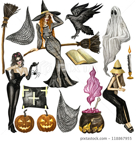 Watercolor halloween set. Hand drawn festive elements. Witchs, ghosts, halloween pumpkins, ghost, candles, book, raven and caldron clip art. Watercolor halloween set. Hand drawn festive elements. Witchs, ghosts, halloween pumpkins, ghost, candles, book, raven and caldron clip art. 118867955