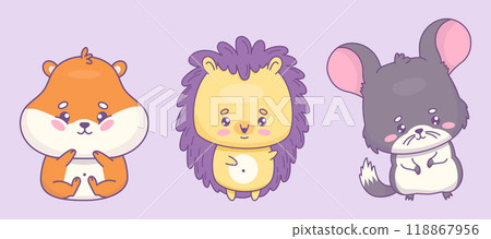 Cute cartoon rodents. Funny hamster, chinchilla and happy hedgehog. Isolated kawaii animal character. Vector illustration. Kids collection 118867956