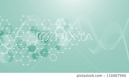 Modern scientific background with hexagons, lines and dots. Wave flow abstract background. Molecular structure for medical, technology, chemistry, science. Vector illustration 118867998