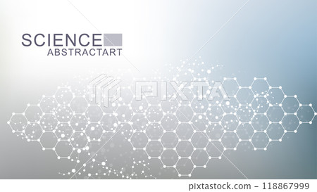Modern scientific background with hexagons, lines and dots. Wave flow abstract background. Molecular structure for medical, technology, chemistry, science. Vector illustration Modern scientific background with hexagons, lines and dots. Wave flow abstract background. Molecular structure for medical, technology, chemistry, science. Vector illustration 118867999