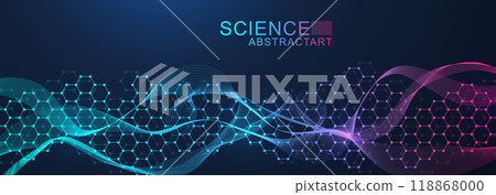 Modern scientific background with hexagons, lines and dots. Wave flow abstract background. Molecular structure for medical, technology, chemistry, science. Vector illustration Modern scientific background with hexagons, lines and dots. Wave flow abstract background. Molecular structure for medical, technology, chemistry, science. Vector illustration 118868000