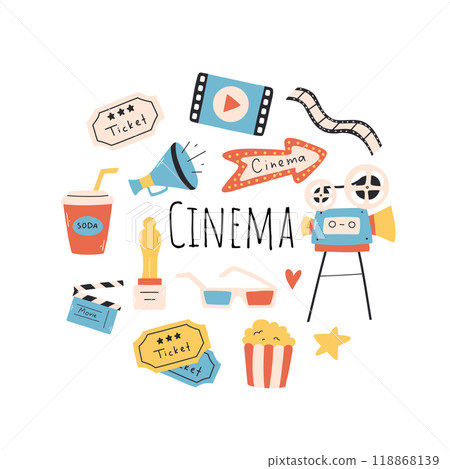 Set of cinema elements. Vector illustration. Flat style. Collection of hand drawn cinema elements. 118868139