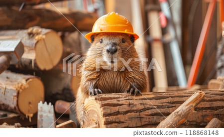 Beaver logger worker on sawmill. Wood building. Person in hardhat, safety equipment. Rodent builder in helmet 118868148