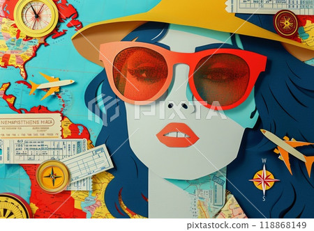 Retro collage with woman. Abstract female model in sunglasses. Beautiful vogue portrait. Minimal aesthetic design. Vintage trendy fashion girl. Fashionable zine 118868149