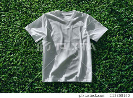 White t-shirt on green park texture. Mockup blank fashion meadow design. Empty mock up cloth collection. Casual blank shirt textile. Cotton tshirt in nature grass lawn background 118868150