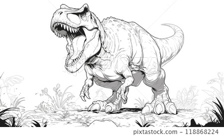 Roaring Tyrannosaurus Coloring Book Page for Kids Fierce Dinosaur Illustration Prehistoric Jungle Scene Fun T-Rex Drawing for Children Dynamic Dinosaur Art Page 118868224