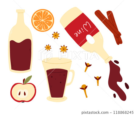A set of ingredients for mulled wine. Collection for preparing hot grog. Vector illustration in flat style. Autumn winter hot drink. A set of ingredients for mulled wine. Collection for preparing hot grog. Vector illustration in flat style. Autumn winter hot drink. 118868245