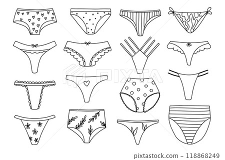 Set of women panties in doodle style. Collection of women underwear in linear style. Vector illustration. Set of women panties in doodle style. Collection of women underwear in linear style. Vector illustration. 118868249
