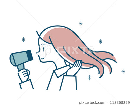Illustration of a young woman drying her hair with a hair dryer 118868259