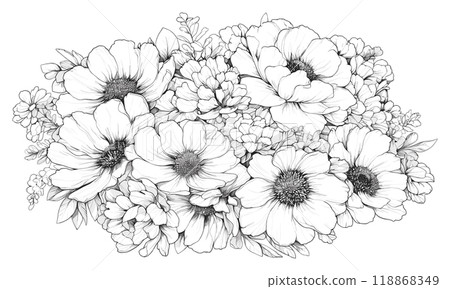 Composition of Beautiful Large Flowers in Oval Shape Coloring Book Page Elegant Floral Arrangement Fun Oval Design Garden Scene Drawing Graceful Flower Art Page 118868349
