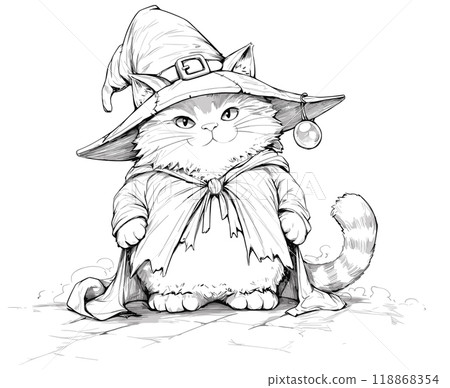 Cat with Hat and Wizards Robe Coloring Book Page for Kids Adorable Illustration Magical Outfit Enchanted Scene Fun Fantasy Drawing for Children Charming Wizard Cat Art Page Cat with Hat and Wizards Robe Coloring Book Page for Kids Adorable Illustration Magical Outfit Enchanted Scene Fun Fantasy Drawing for Children Charming Wizard Cat Art Page 118868354