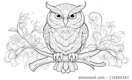 Beautiful Owl Sitting on a Branch Coloring Book Page for Kids Detailed Illustration Serene Tree Branch Scene Fun Woodland Drawing for Children Elegant Bird Art Page Beautiful Owl Sitting on a Branch Coloring Book Page for Kids Detailed Illustration Serene Tree Branch Scene Fun Woodland Drawing for Children Elegant Bird Art Page 118868363