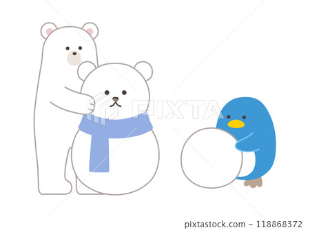 北極熊和企鵝堆雪人的向量圖。冬天, 北極熊, 北極熊 118868372