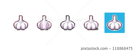 Pixel art Garlic. 8bit Game Style Pixelated Garlic Vegetable. Detailed Pixel Garlic icon with shading and different stroke.  118868475
