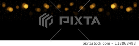 vector horizontal banner many Golden bokeh circles, golden particle on black background. Yellow and Orange light circular design along the top edge of the banner. Background with copyright. vector horizontal banner many Golden bokeh circles, golden particle on black background. Yellow and Orange light circular design along the top edge of the banner. Background with copyright. 118868498