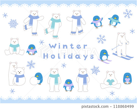 Vector illustration of polar bear and penguin in winter. Polar bear, scarf, skiing, skating, animals Vector illustration of polar bear and penguin in winter. Polar bear, scarf, skiing, skating, animals 118868499