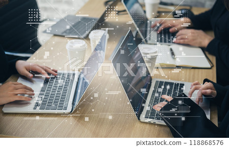 Men and women having a meeting in the office, business scene, IT company, digital network image Men and women having a meeting in the office, business scene, IT company, digital network image 118868576