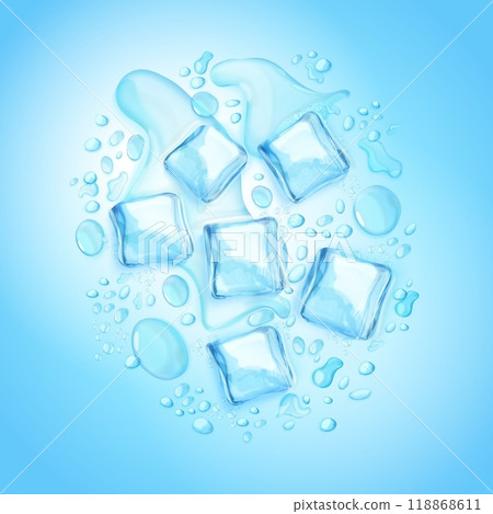 Ice cubes drops background. Iced cube and clear water drop texture closeup, freezer refrigerator concept transparent frosty melt crystal liquid, realistic exact vector illustration Ice cubes drops background. Iced cube and clear water drop texture closeup, freezer refrigerator concept transparent frosty melt crystal liquid, realistic exact vector illustration 118868611