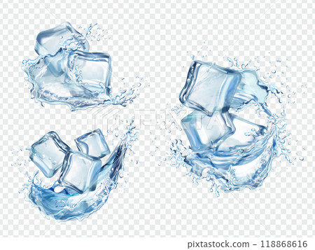 Ice cube splashes. Icy cubes with freezed water stream splash, frozen liquid wave flow spray 3d freeze crystal square iced aqua block splashing, realistic exact vector illustration 118868616