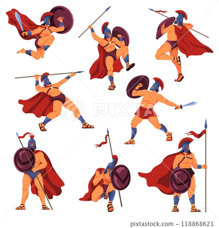 Cartoon spartan warriors. Muscular warrior sparta or greek soldier mascot, 300 spartans ancient warrior trojan legionary gladiator history characters, recent vector illustration 118868621