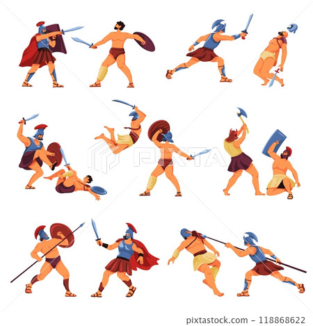 Roman gladiator characters. Ancient rome empire soldiers, cartoon gladiators slave warriors historic fight in coliseum arena, armor man in spartan helmet recent vector illustration 118868622