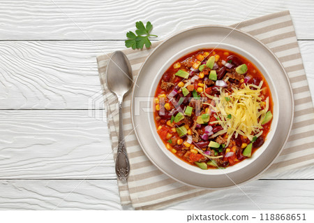 taco soup with kidney bean, corn, ground beef taco soup with kidney bean, corn, ground beef 118868651