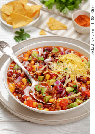 taco soup with kidney bean, corn, ground beef taco soup with kidney bean, corn, ground beef 118868652