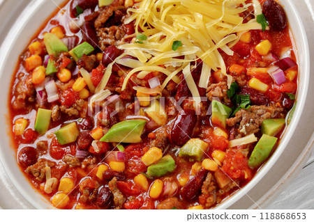 taco soup with kidney bean, corn, ground beef taco soup with kidney bean, corn, ground beef 118868653