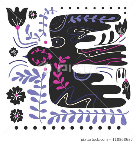 Folk ornamental bird and flowers. Best for greeting card. Template vector illustration. 118868683