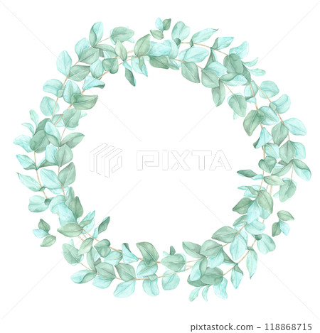 Oval-shaped frame made of delicate green eucalyptus branches surrounding a blank center. Watercolor clipart frame, suitable for logos, custom invitations, or product labels with a botanical theme 118868715