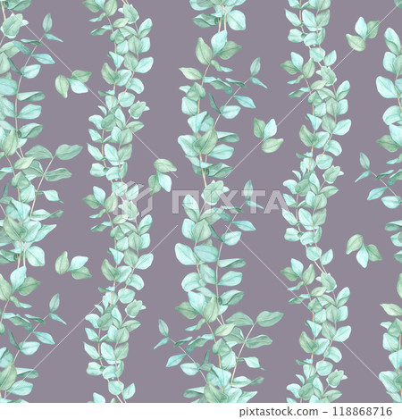 Green eucalyptus branches arranged vertically on a dark purple background. Seamless pattern, watercolor clipart. Great for use in home decor textiles, product packaging, and wall art Green eucalyptus branches arranged vertically on a dark purple background. Seamless pattern, watercolor clipart. Great for use in home decor textiles, product packaging, and wall art 118868716