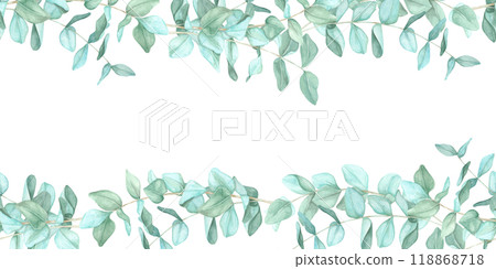 Green eucalyptus leaves arranged in a horizontal border across the top and bottom of the label. Seamless border, watercolor clipart for home decor accents, business cards, or product labels Green eucalyptus leaves arranged in a horizontal border across the top and bottom of the label. Seamless border, watercolor clipart for home decor accents, business cards, or product labels 118868718